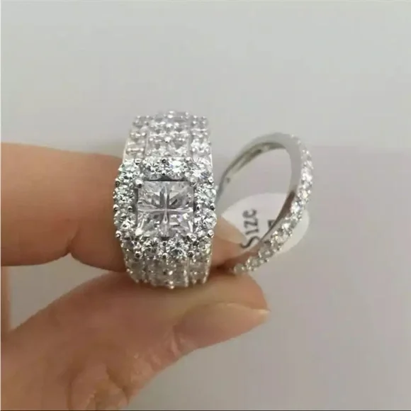 New 925 Silver 2 Pc Set Wedding Engagement Diamond Ring - Picture 3 of 6